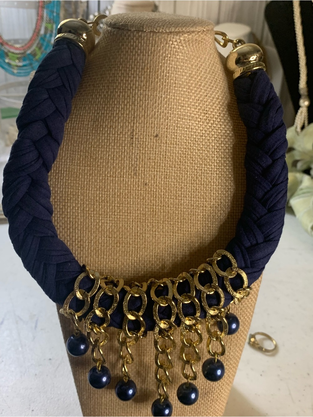 Stylish Navy and Gold Braided Statement Necklace - Women Jewelry
